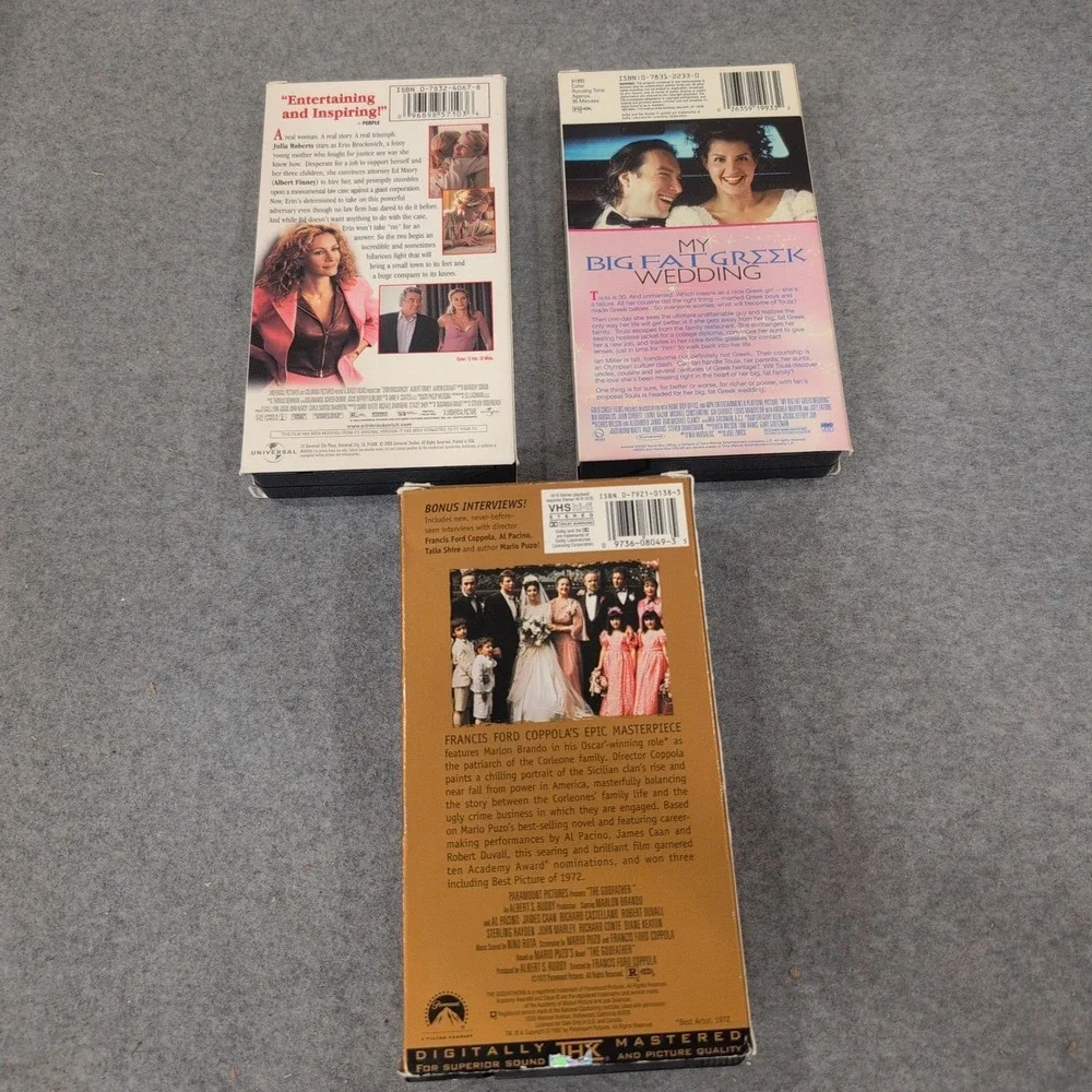 VHS Movie Lot The Godfather Erin Brockovich My Big Fat Greek Wedding 3 Tape Set - Picture 2 of 2